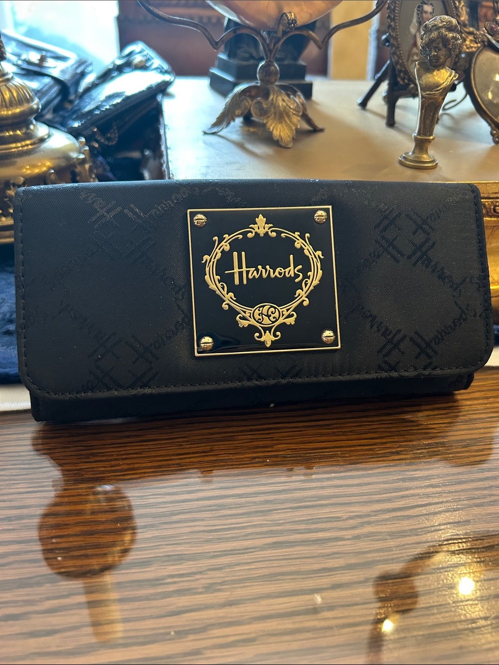 Harrods Black Wallet with Gold Logo Plaque